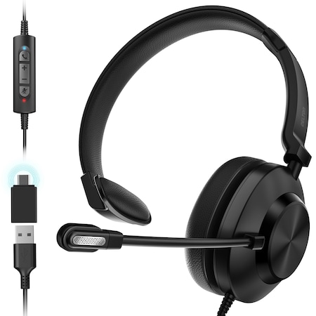 Delton 30Y Professional Wired Mono Computer Headset w/ Dual Noise Canceling Microphone, USB-A USB-C Adapter DWH30Y